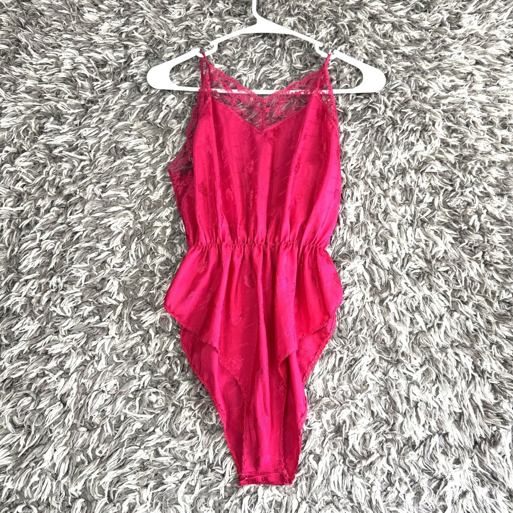 Vintage Avon Fashions Hot Pink Floral Jacquard Lace Bodysuit Teddy Small Snap